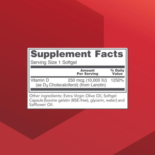 Envase suplementario vitamina d3 10000 ui con 120 cápsulas blandas