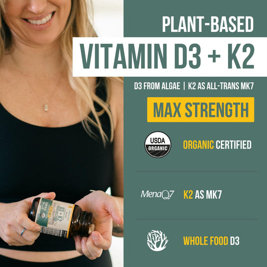 Envase de Vitamina D3 K2 de 60 cápsulas orgánicas