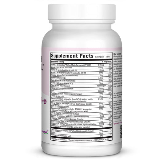 Envase de vitaminas prenatales Maxi Health One en fondo blanco