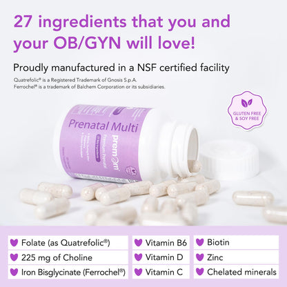 Envase de vitaminas prenatales Premom multivitaminas