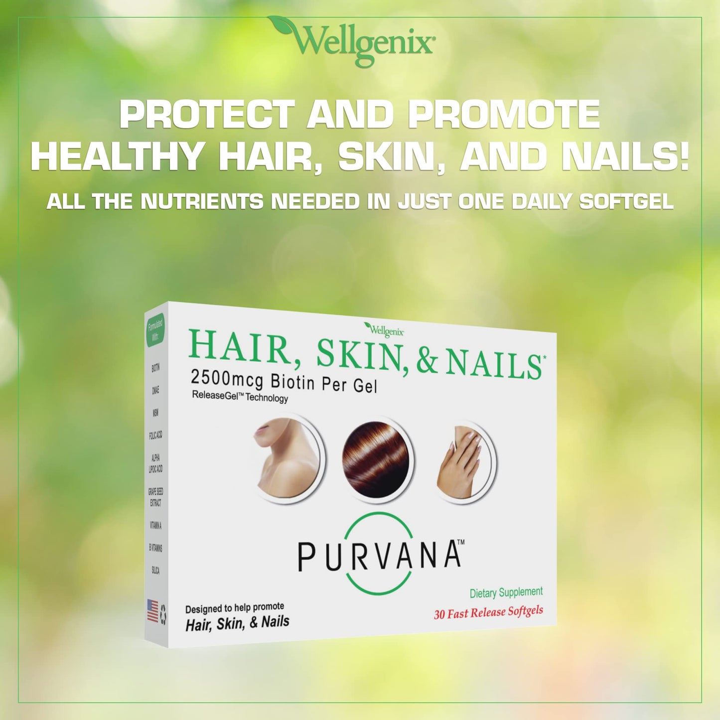 Envase Wellgenix Purvana suplemento cabello piel y uñas