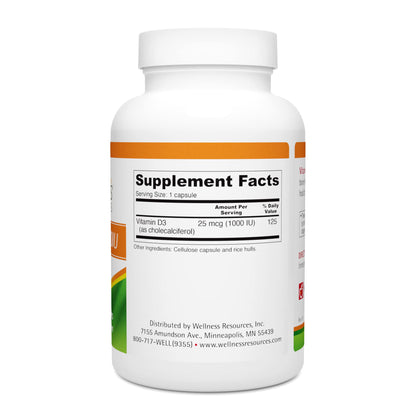 Envase de Wellness Resources vitamina D3 1000 UI sin soja