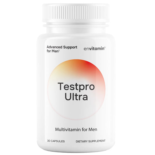Frasco de envitamin Testpro Ultra multivitaminas para hombres con 30 cápsulas