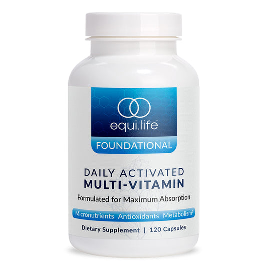 Frasco de multivitamínico activado diario Equilife con 21 vitaminas y minerales