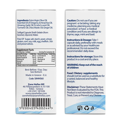 Especificaciones de ingredientes de Zane Hellas Softgels