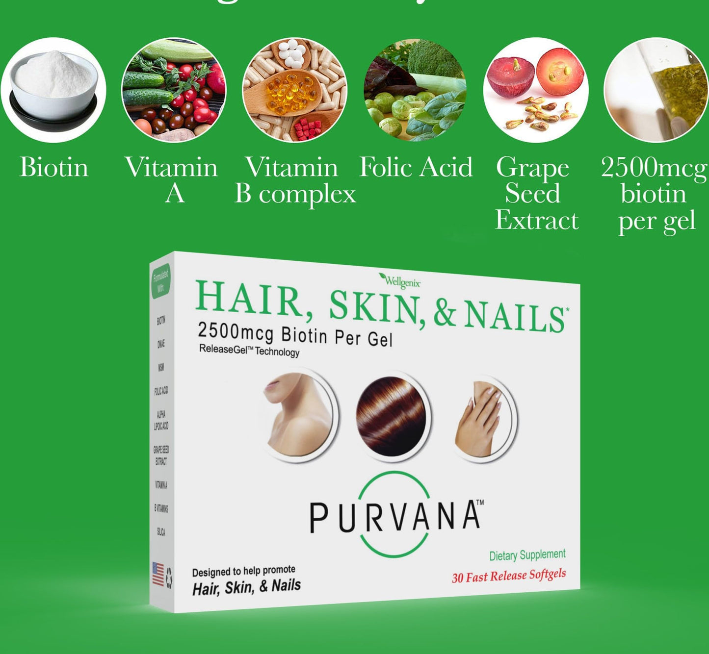 Etique Wellgenix Purvana suplemento biotina 2500 mcg