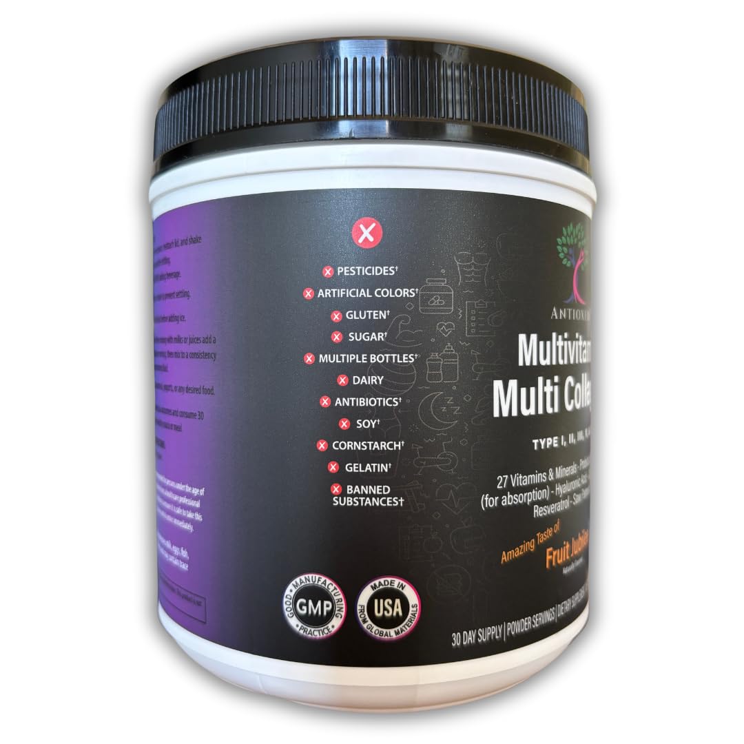 Etiqueta del suplemento Antioxed Multivitaminas MultiColágeno sin gluten y azúcar
