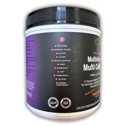 Etiqueta del suplemento Antioxed Multivitaminas MultiColágeno sin gluten y azúcar