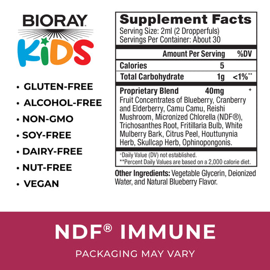 Etiqueta trasera BIORAY NDF Immune mostrando ingredientes y beneficios.