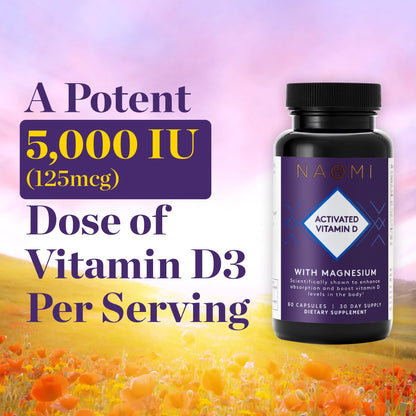 Etiqueta botella NAOMI vitamina D3 5000 UI para salud ósea e inmunidad