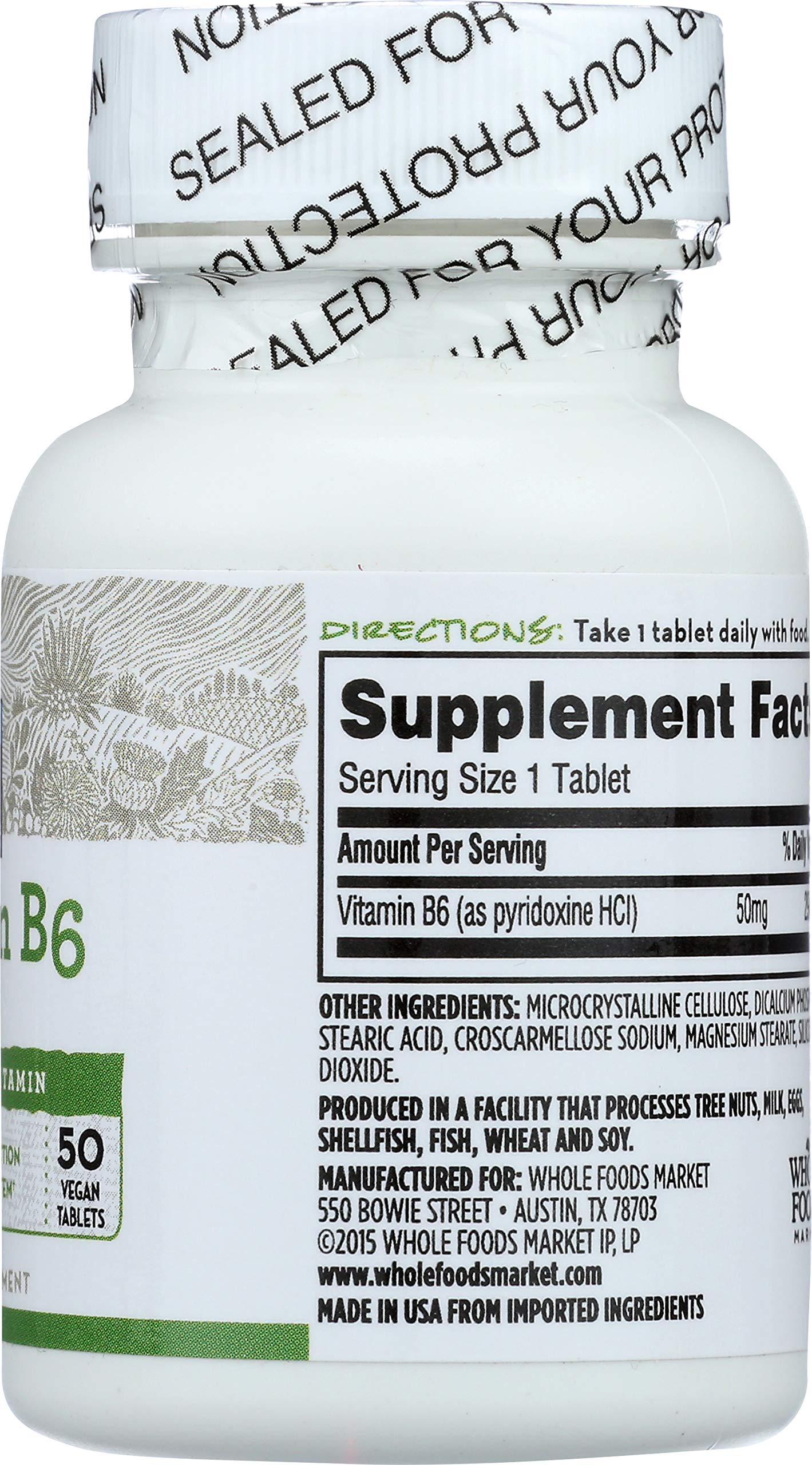 Etiqueta botella vitamina B6 365 Whole Foods Market