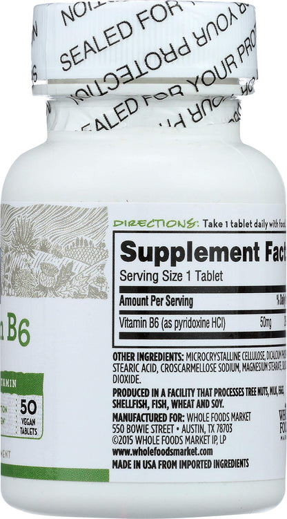 Etiqueta botella vitamina B6 365 Whole Foods Market