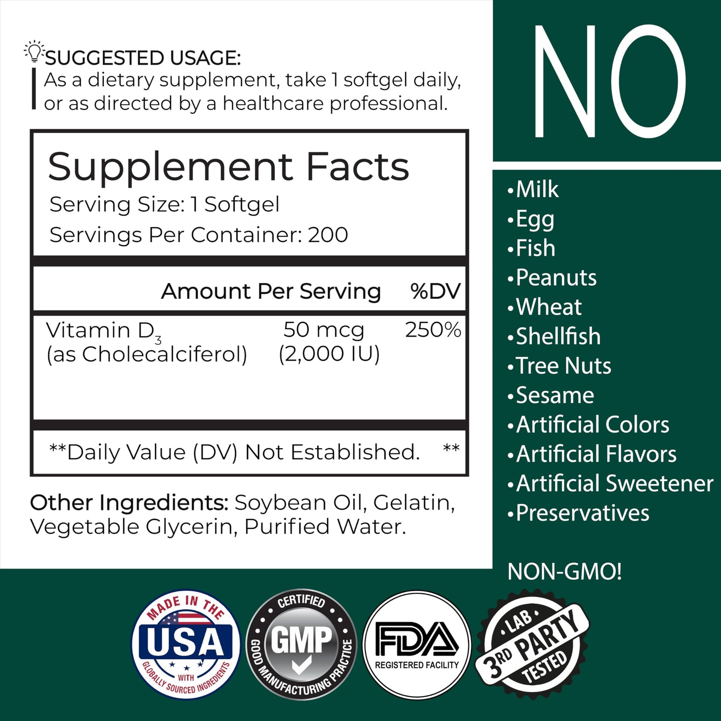 Etiqueta botella vitamina D3 Premium Vitamin 200 softgels