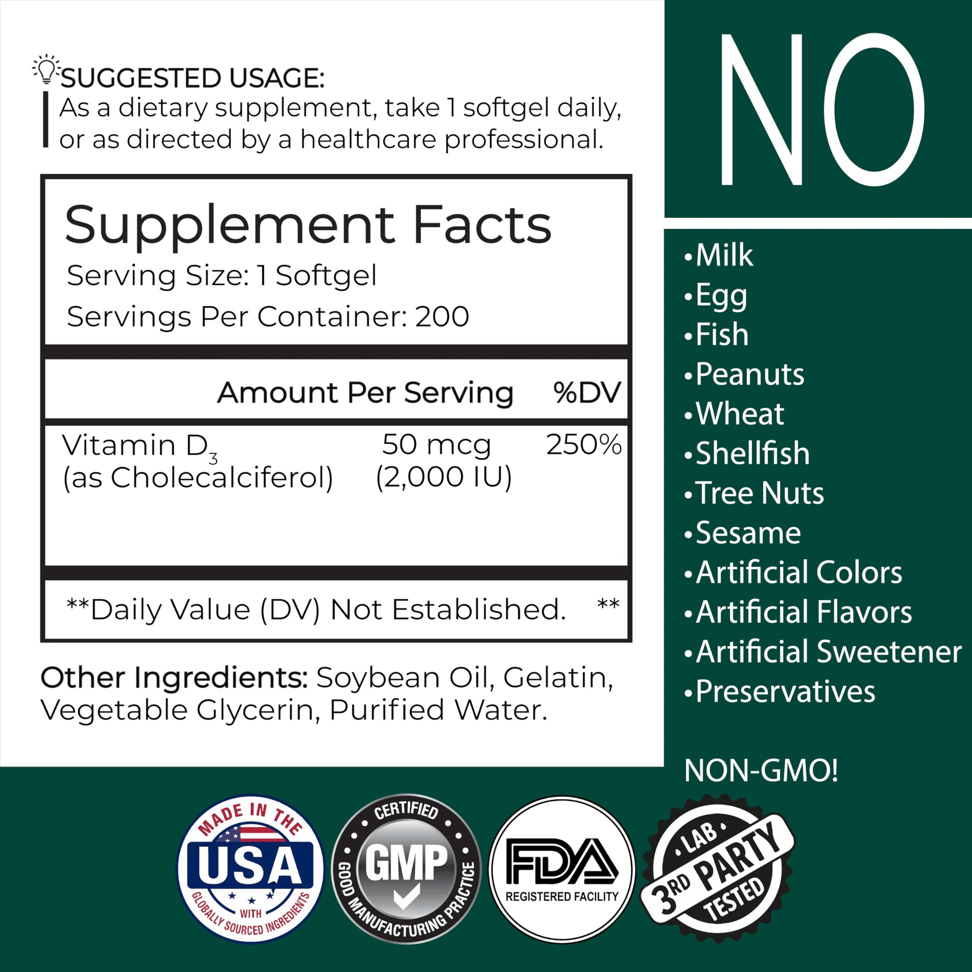Etiqueta botella vitamina D3 Premium Vitamin 200 softgels