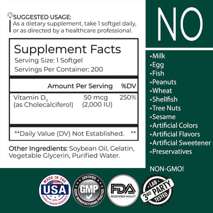 Etiqueta botella vitamina D3 Premium Vitamin 200 softgels