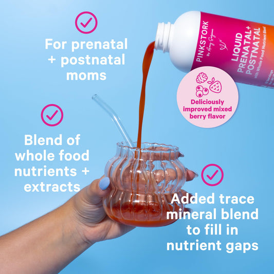 Etiqueta botella vitaminas prenatales líquidas Pink Stork