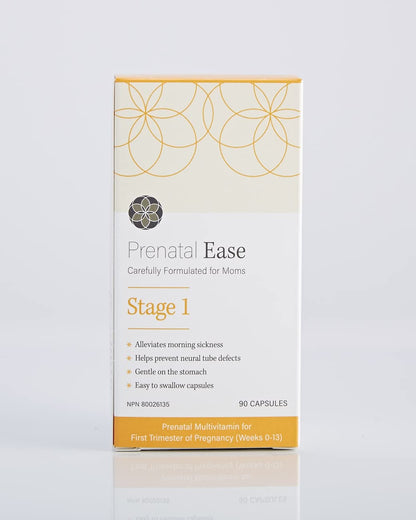 Etiqueta y caja multivitamínico Prenatal Ease etapa 1