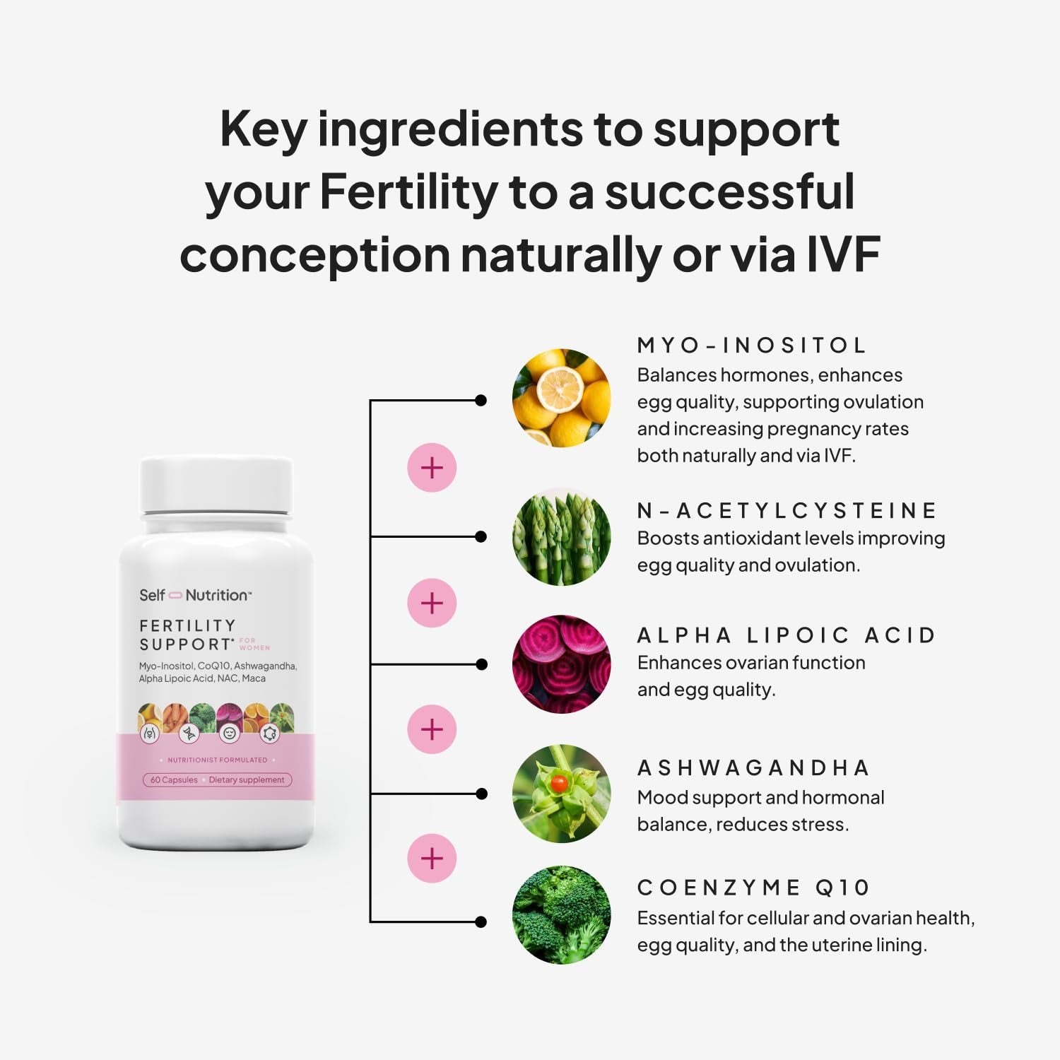 Etiqueta de cápsulas veganas para fertilidad SELF NUTRITION
