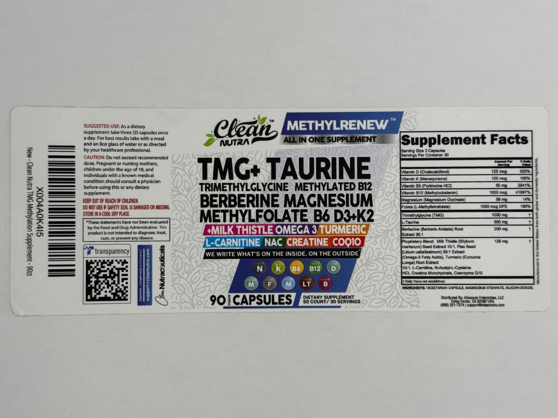 Etiqueta completa del multivitamínico metilado Clean Nutra con taurina.