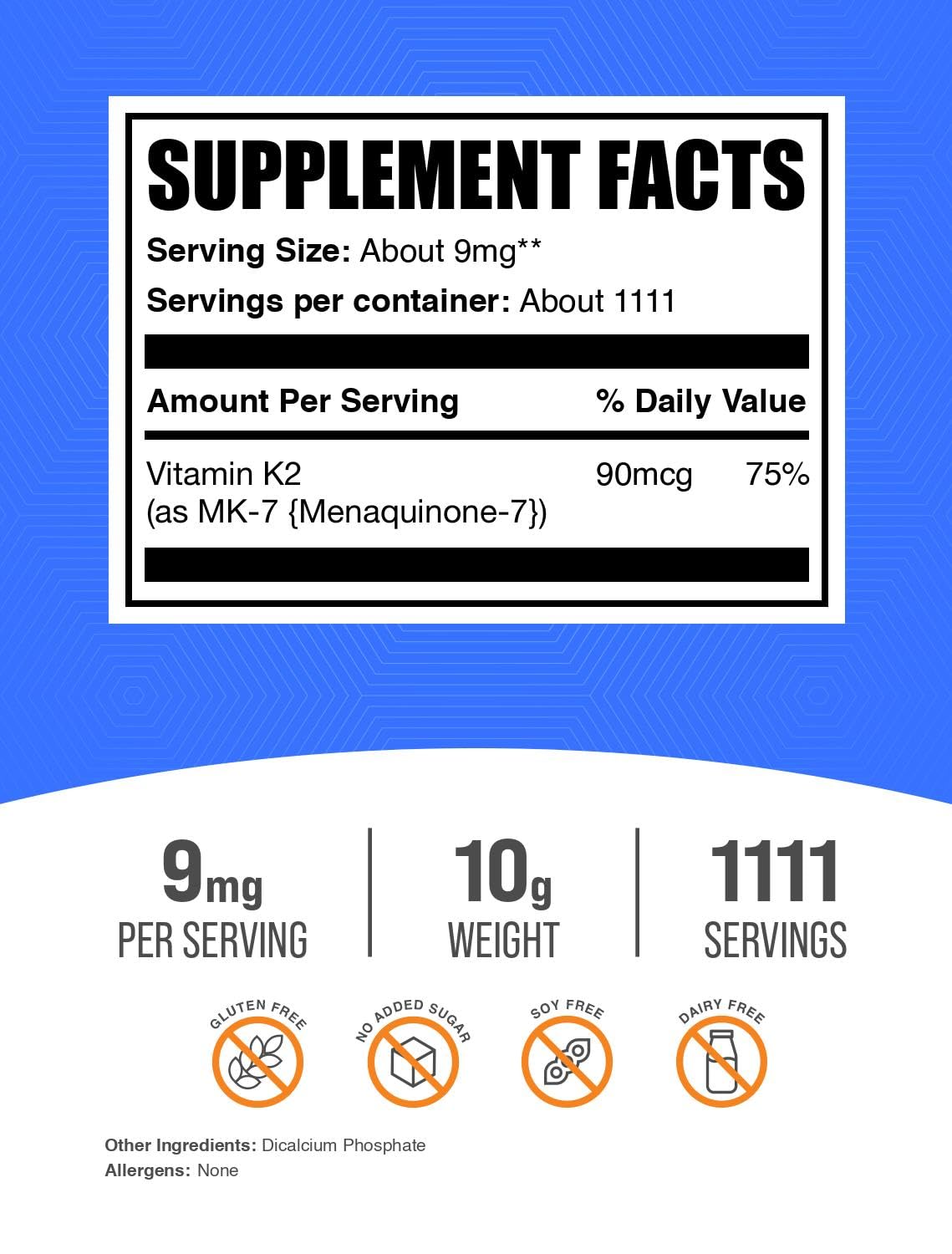 Etiqueta detalle BulkSupplements vitamina k2 polvo 9mg