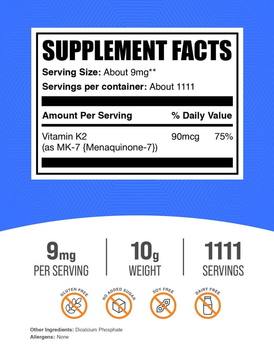 Etiqueta detalle BulkSupplements vitamina k2 polvo 9mg