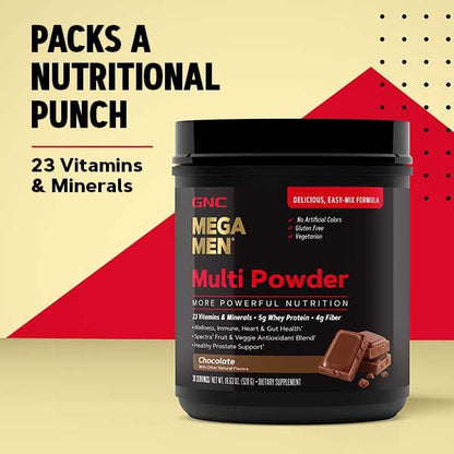 Etiqueta detalles GNC Mega Men multi polvo chocolate