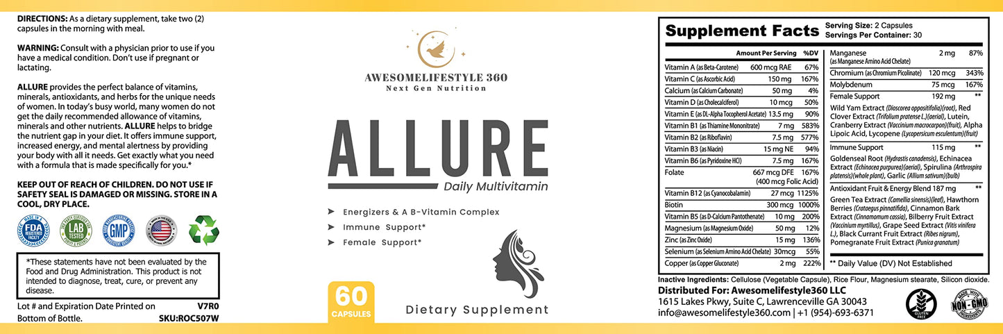 Etiqueta y detalles multivitamínico Awesomelifestyle360 para mujer