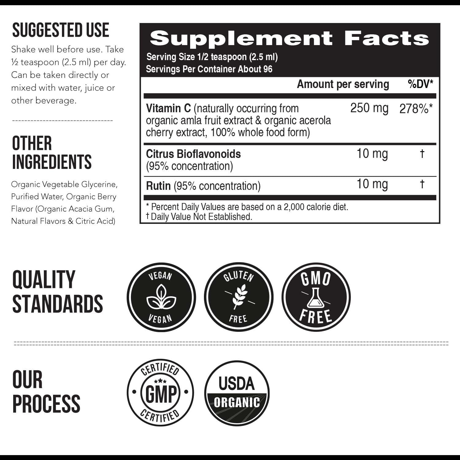Etiqueta y detalles nutricionales vitamina C líquida orgánica
