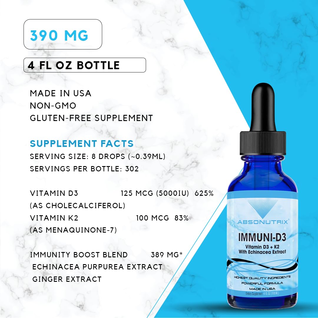 Etiqueta y envase de Immuni-D3 Absonutrix con vitamina d3 y jengibre