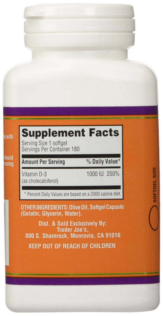Etiqueta de frasco vitamina D-3 Trader Joe’s 180 cápsulas