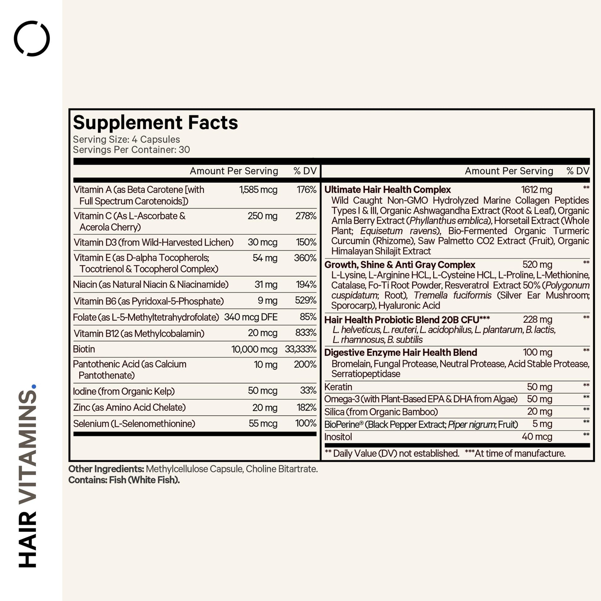 Etiqueta de dentro del frasco vitaminas Codeage para cabello