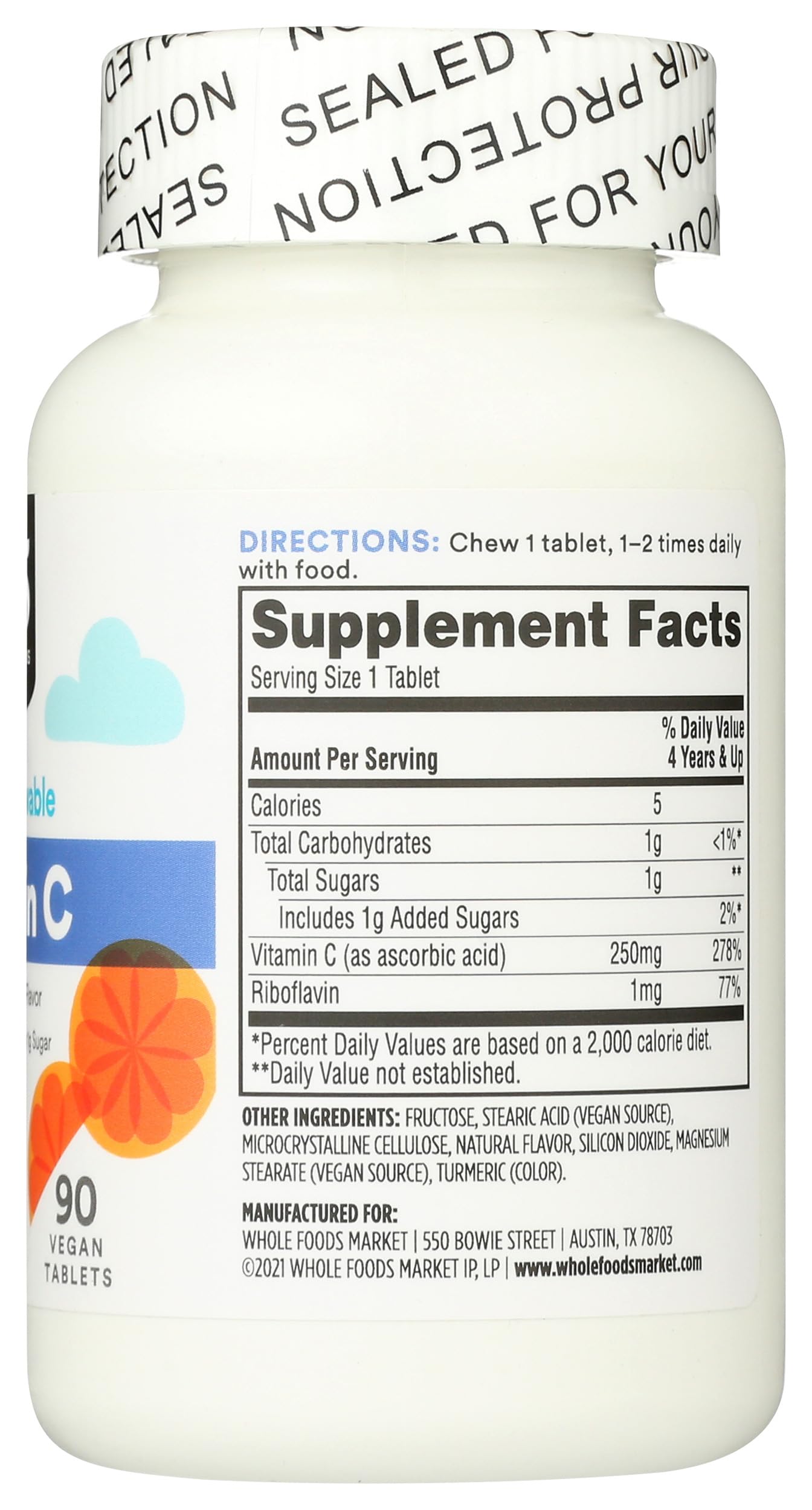 Etiqueta frontal 365 vitamina C masticable para niños