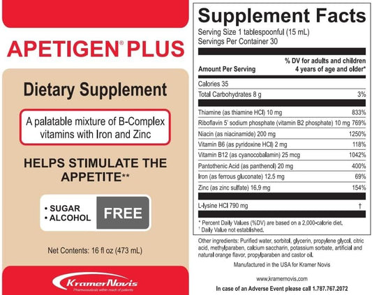 Etiqueta frontal Apetigen Plus suplemento vitaminas B y minerales