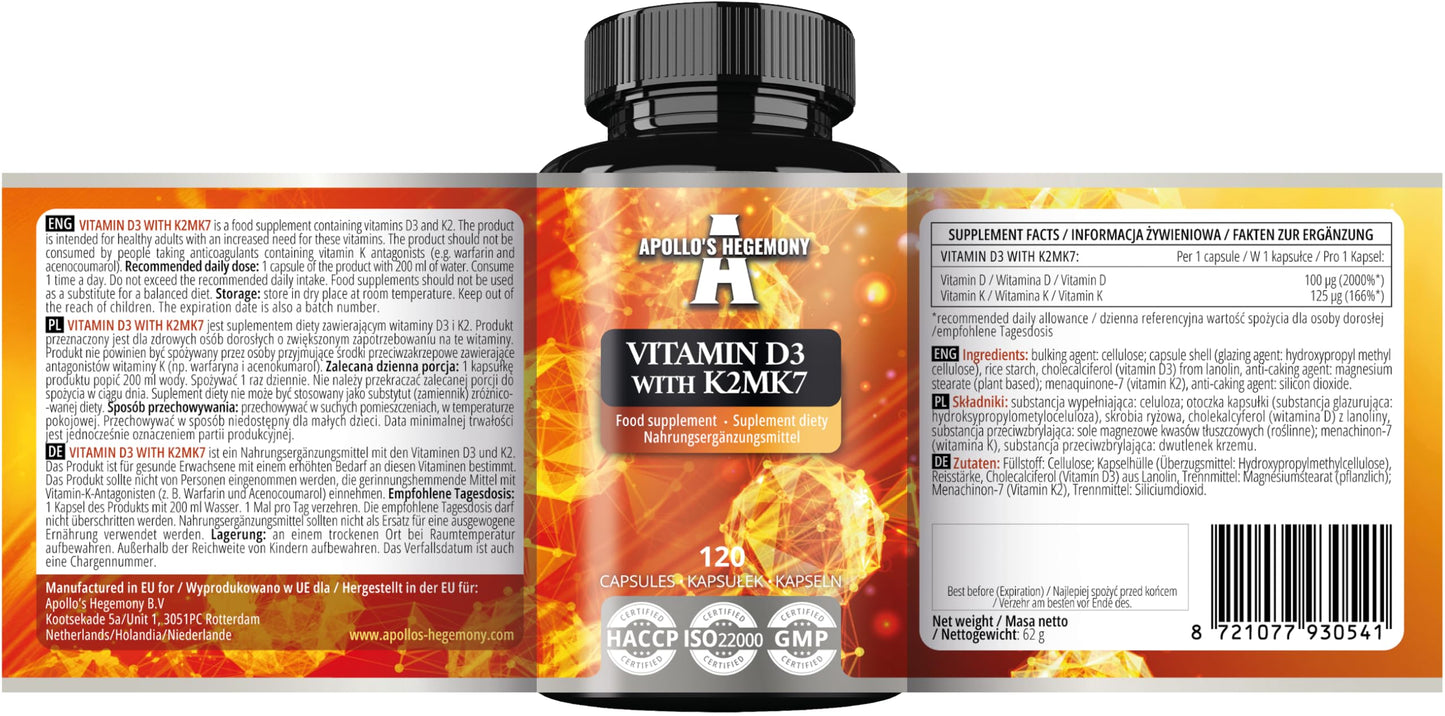Etiqueta frontal suplemento APOLLO'S HEGEMONY Vitamina D3 y K2 MK7