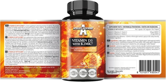 Etiqueta frontal suplemento APOLLO'S HEGEMONY Vitamina D3 y K2 MK7