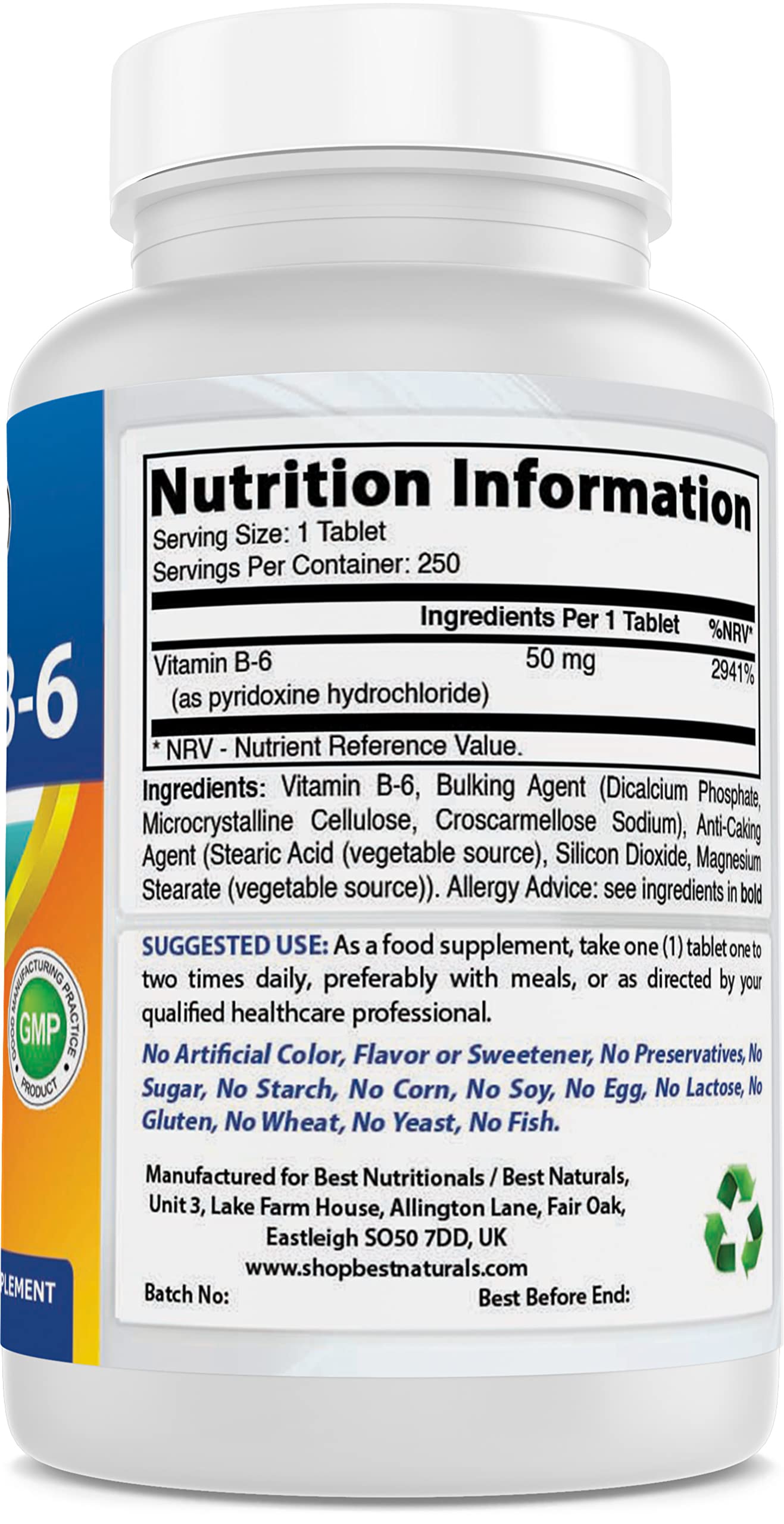 Etiqueta frontal suplemento Vitamina B6 Best Naturals