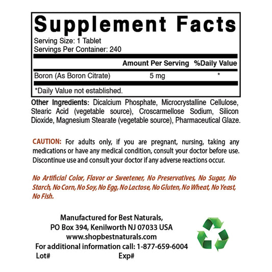 Etiqueta frontal suplemento Boro y Vitamina K2 Best Naturals