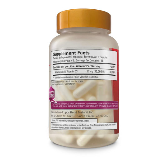 Etiqueta frontal cápsulas Vitamina D3 Betel Natural