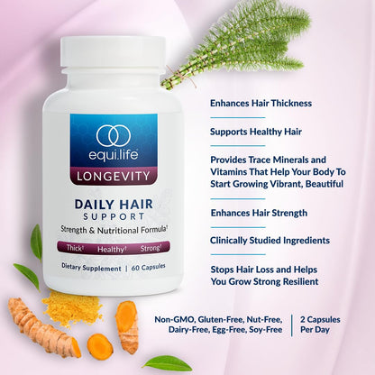 Etiqueta frontal Equilife Daily Hair Support suplemento cabello