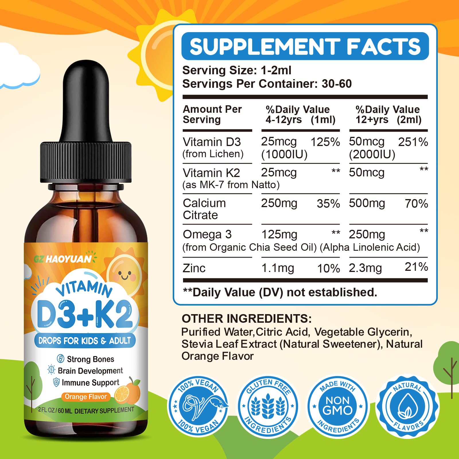 Etiqueta frontal gotas vitamina D3 K2 para niños