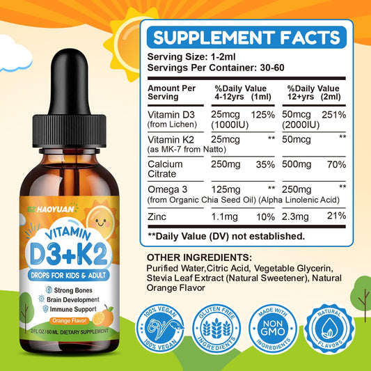 Etiqueta frontal gotas vitamina D3 K2 para niños