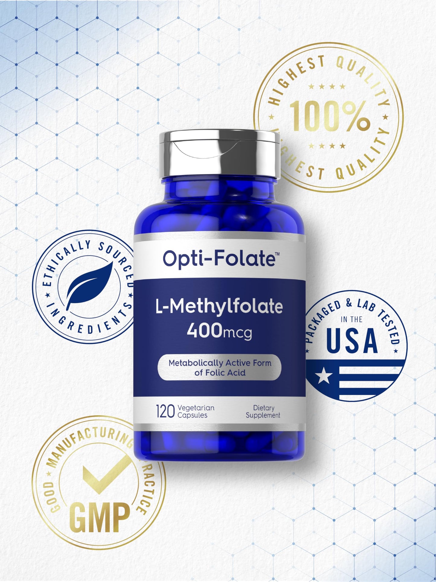 Etiqueta frontal L Metilfolato 400mcg paquete 120 cápsulas