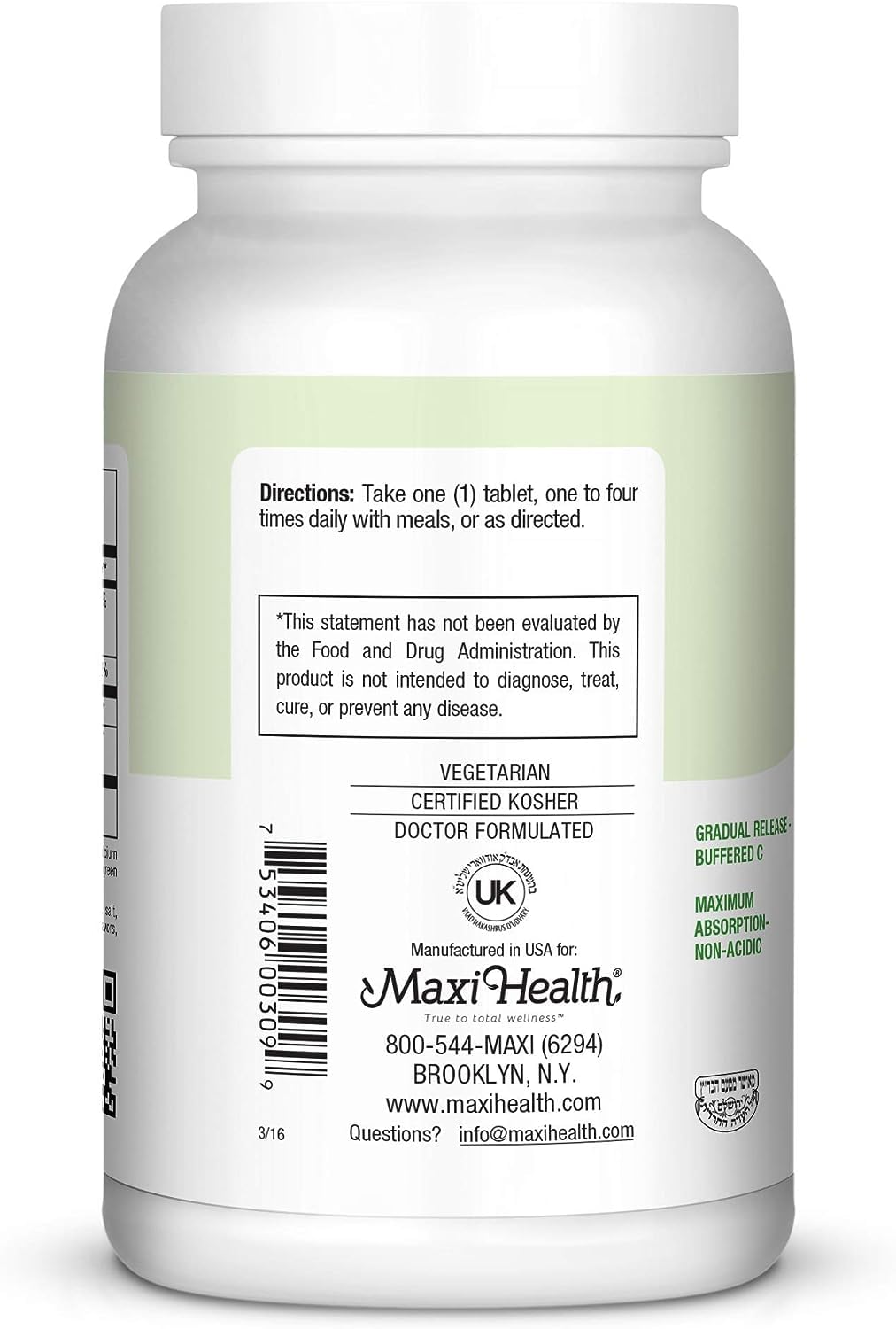 Etiqueta frontal Maxi Health Max C Gram Plus 90 tabletas