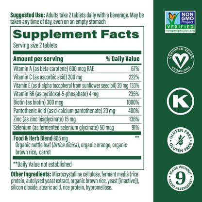 Etiqueta frontal MegaFood vitaminas para piel uñas cabello vegano
