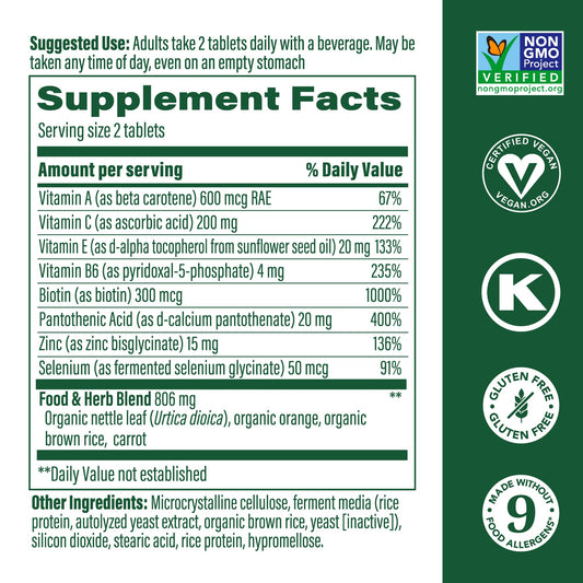 Etiqueta frontal MegaFood vitaminas para piel uñas cabello vegano