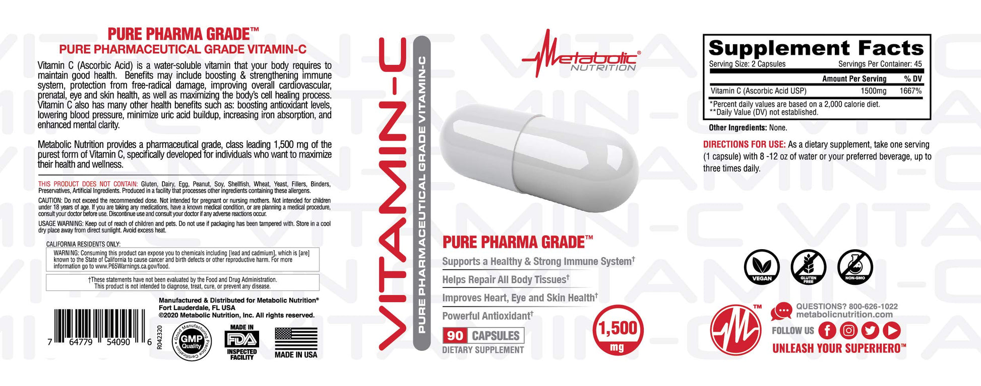 Etiqueta frontal Metabolic Nutrition Vitamina C 1500mg