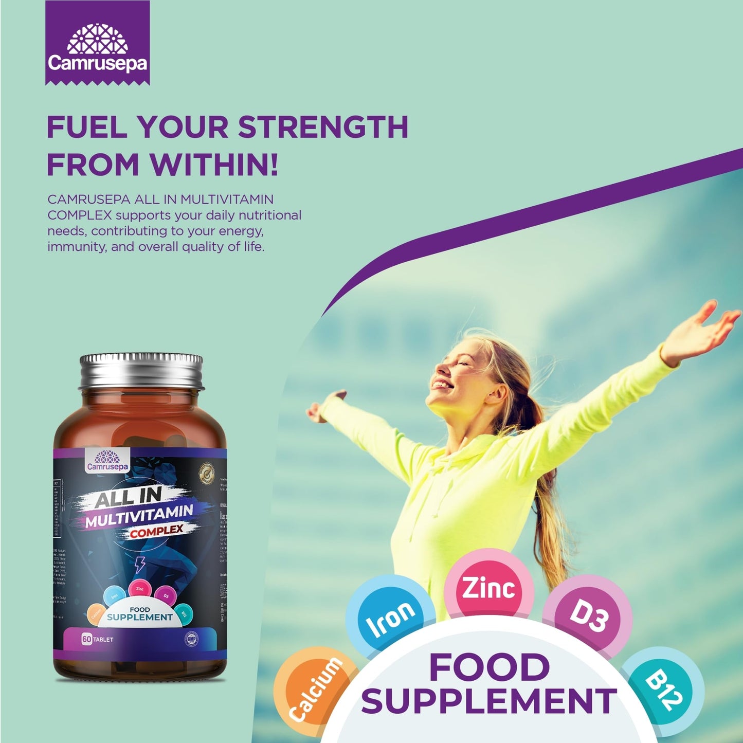 Etiqueta frontal del multivitamínico CAMRUSEPA con vitaminas esenciales