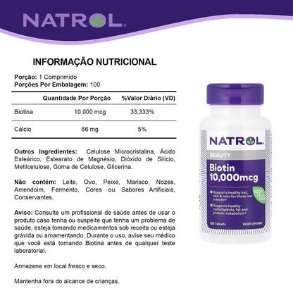 Etiqueta frontal Natrol Biotin Max 10000mcg