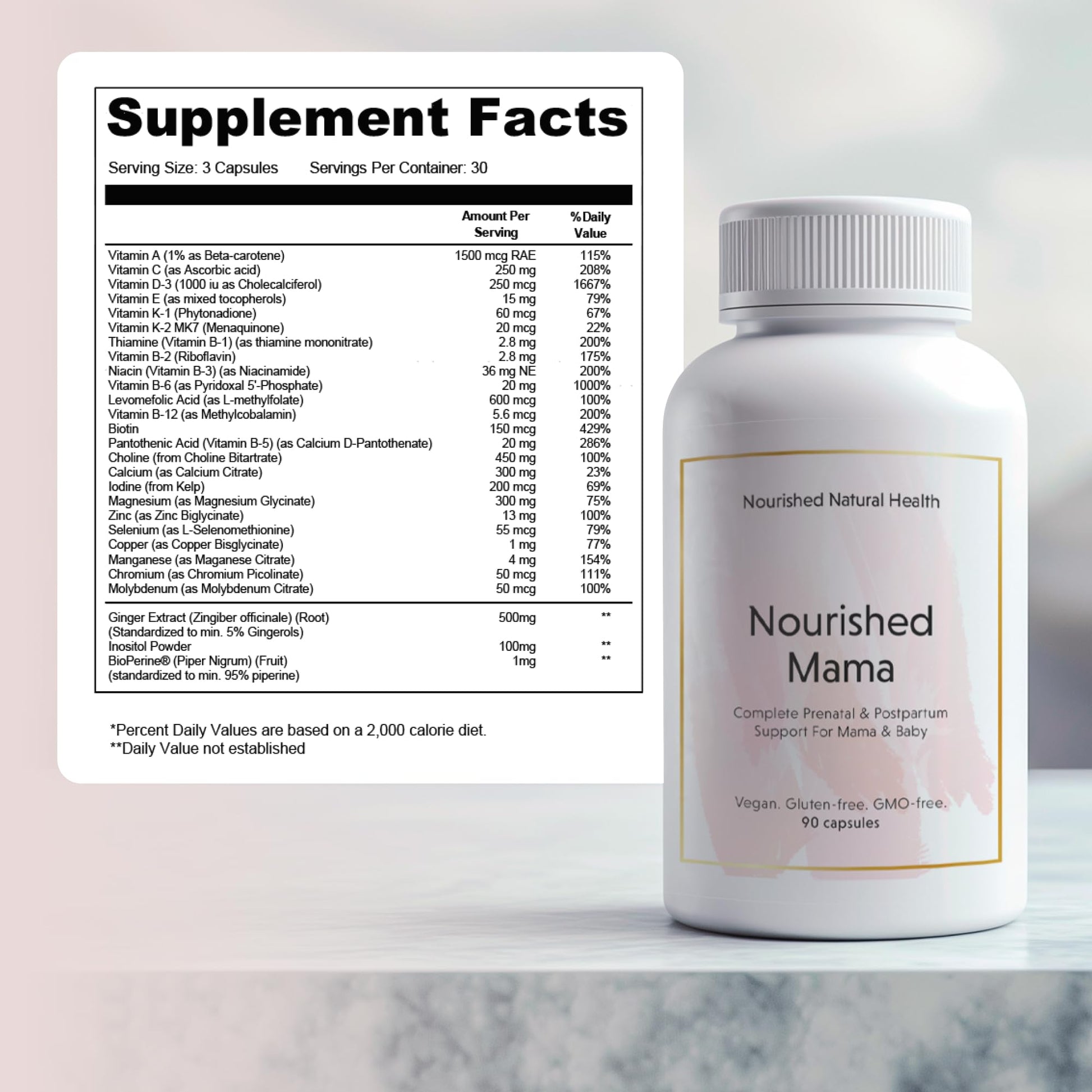 Etiqueta frontal Nourished Mama multivitamínico prenatal vegano