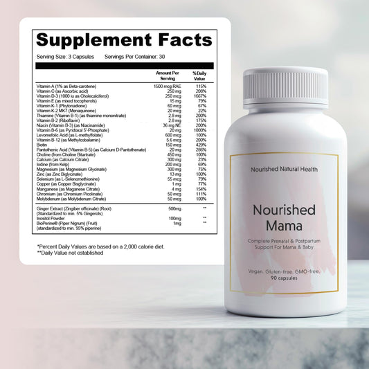 Etiqueta frontal Nourished Mama multivitamínico prenatal vegano